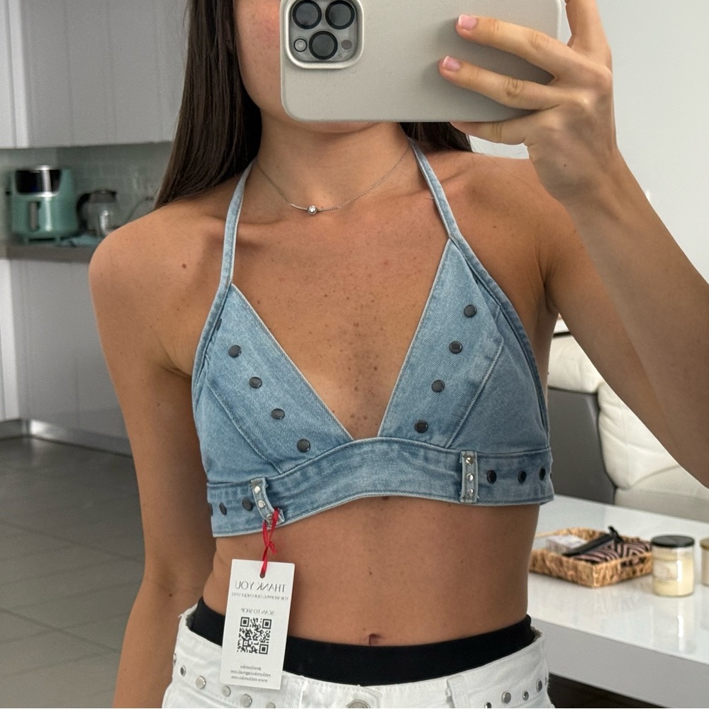 Denim Jean mini blue top handmade handcrafted with black studs